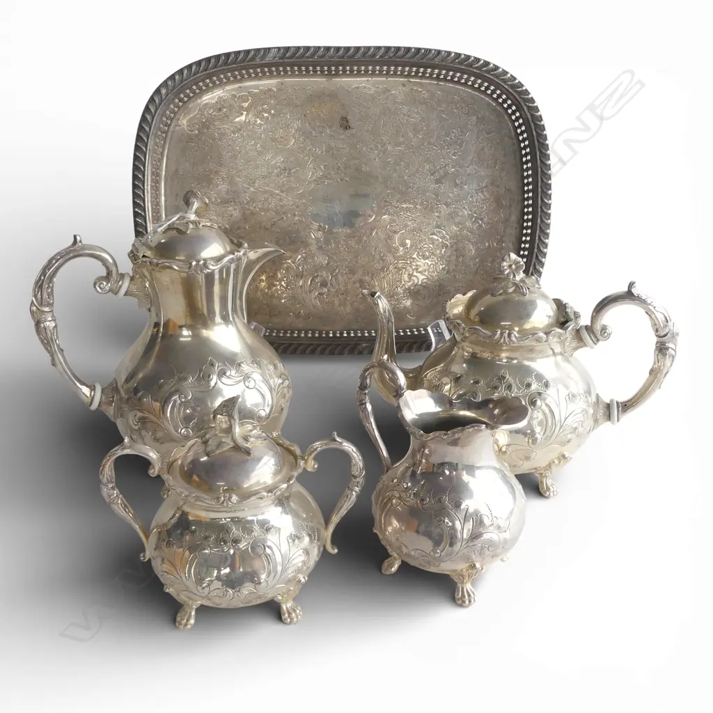 SILVER PLATE 4 PCE FANCY TEA SERVICE + TRAY Image 1++