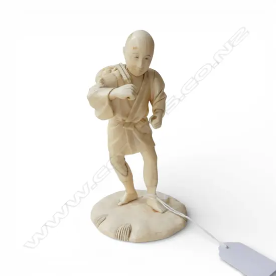 CARVED IVORY JAPANESE FIGURE faults, base signed H.145mm
