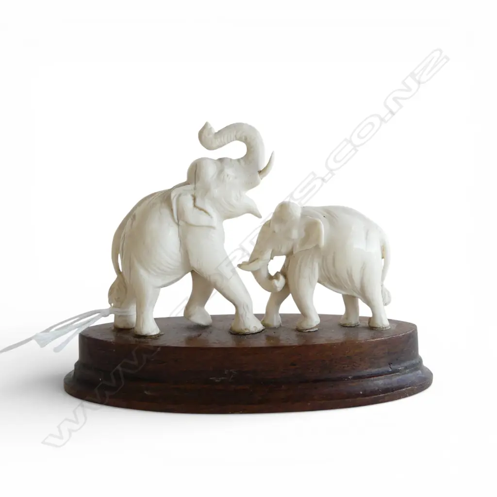 2 CARVED IVORY ELEPHANTS on wood stand L.115mm Image 1++
