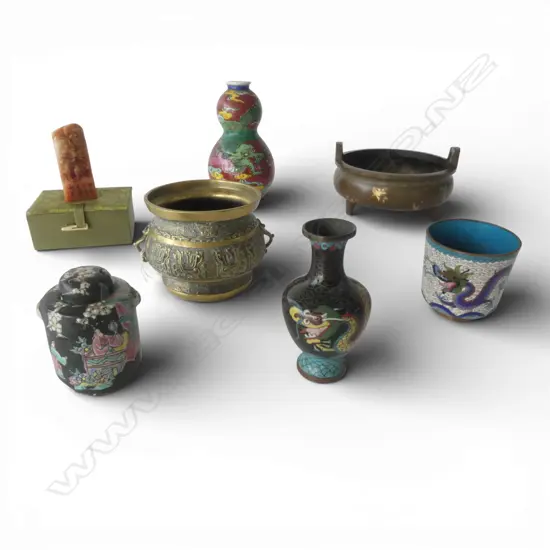 7 ORIENTAL PCES; 2 INCENSE BURNERS, 2 PCES CLOISONNE, VASE, CONTAINER, CARVED STONE (BOXED)