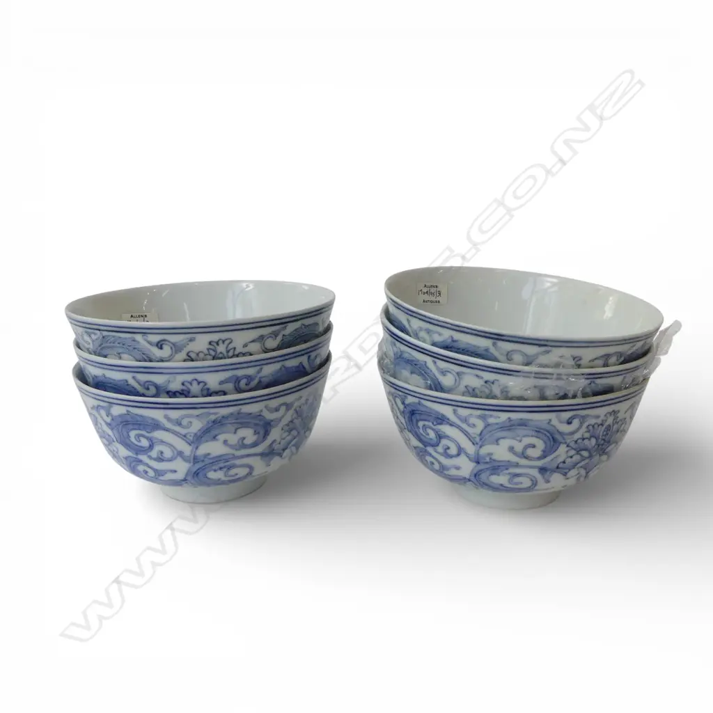 6 x antique ? BLUE & WHITE BOWLS exterior scrolling tendril decoration. Dia.114mm Image 1++