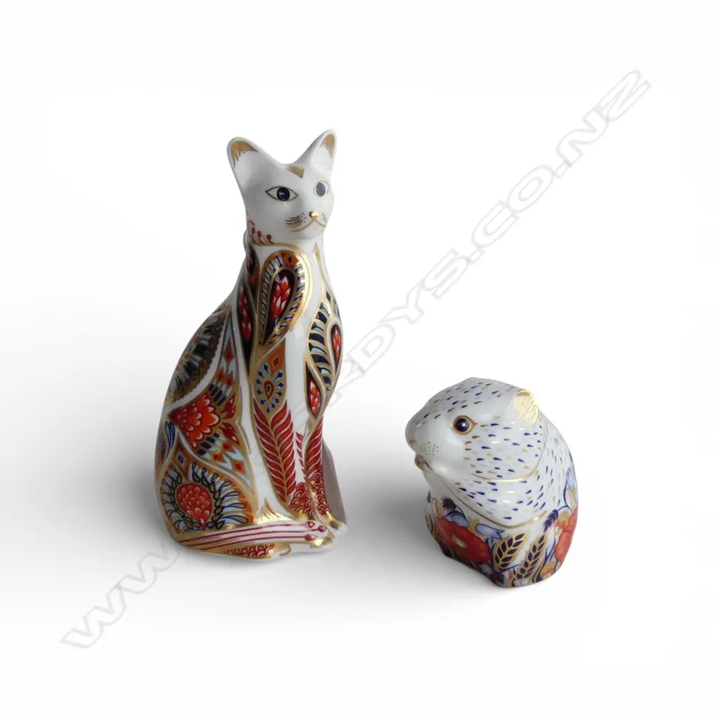 2 ROYAL CROWN DERBY PAPER WEIGHTS; POPPY MOUSE & CAT H.135mm Image 1++
