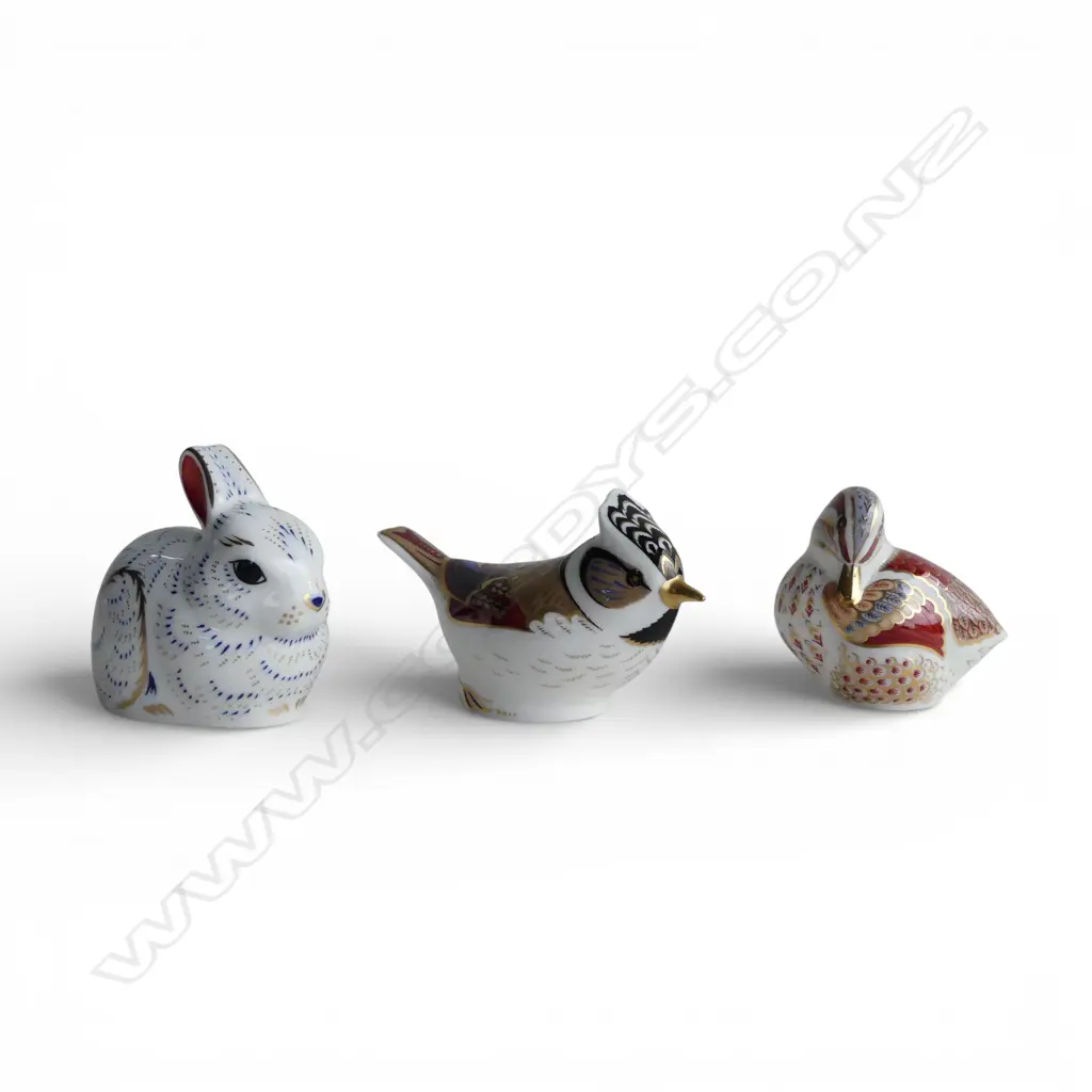 3 ROYAL CROWN DERBY COLLECTORS GUILD PAPER WEIGHTS; DUCKLING, CRESTED TIT, BUNNY L.70mm  Image 1++