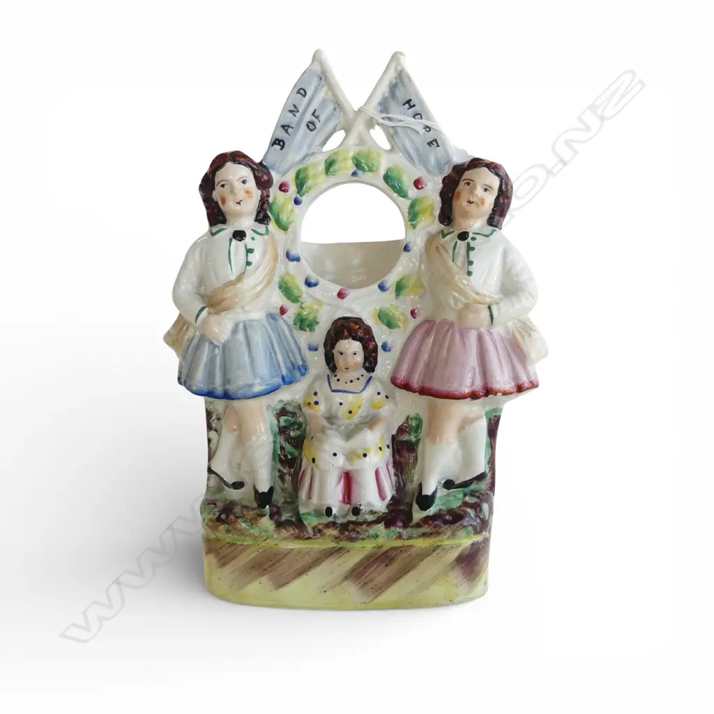 VICTORIAN (C.1950'S) STAFFORDSHIRE FLATBACK NIGHT-STAND FOR POCKET WATCH. The older girls w 'Band Of Hope' flags H.260mm Image 1++