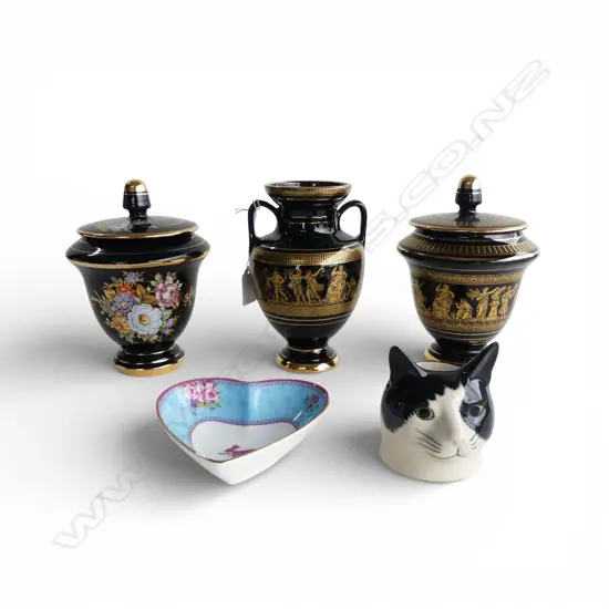 5 PCES CHINA; 3 GREEK I. SPYROPOULOS PCES, CAT HEAD & ROYAL ALBERT HEART BOWL