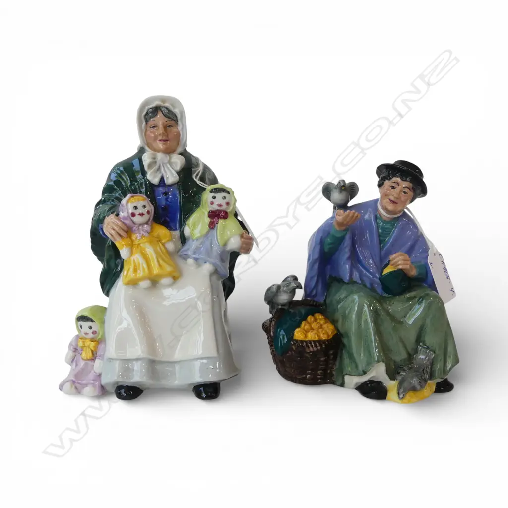 2 ROYAL DOULTON FIGURES 'TUPPENCE A BAG' & 'THE RAG DOLL SELLER'. H.180mm Image 1++