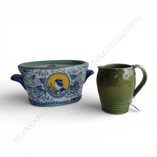 STUDIO POTTERY JUG GREEN GLAZE H.135mm, TUREEN / PLANTER W.300mm