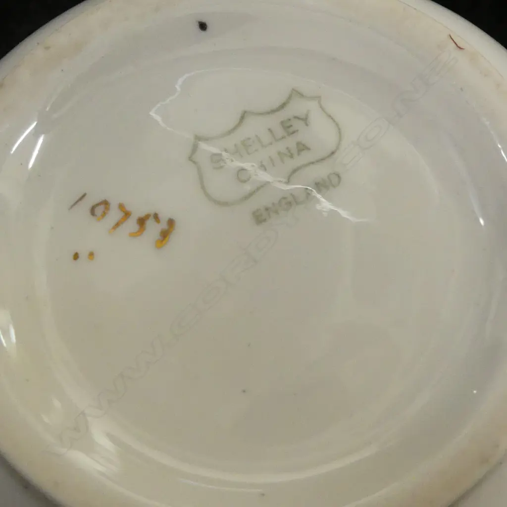 SHELLEY CHINA TEASET CAKE PLATE C/SUGAR CRACK TO SUGAR & 6CSPS PINK BLOSSOM PAT Image 1++