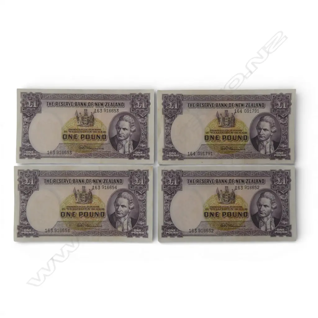 4 x 1 pound FLEMMING NZ BANKNOTES:3  consecutively numbered 163916652 to ...54 + 164091791  Image 1++