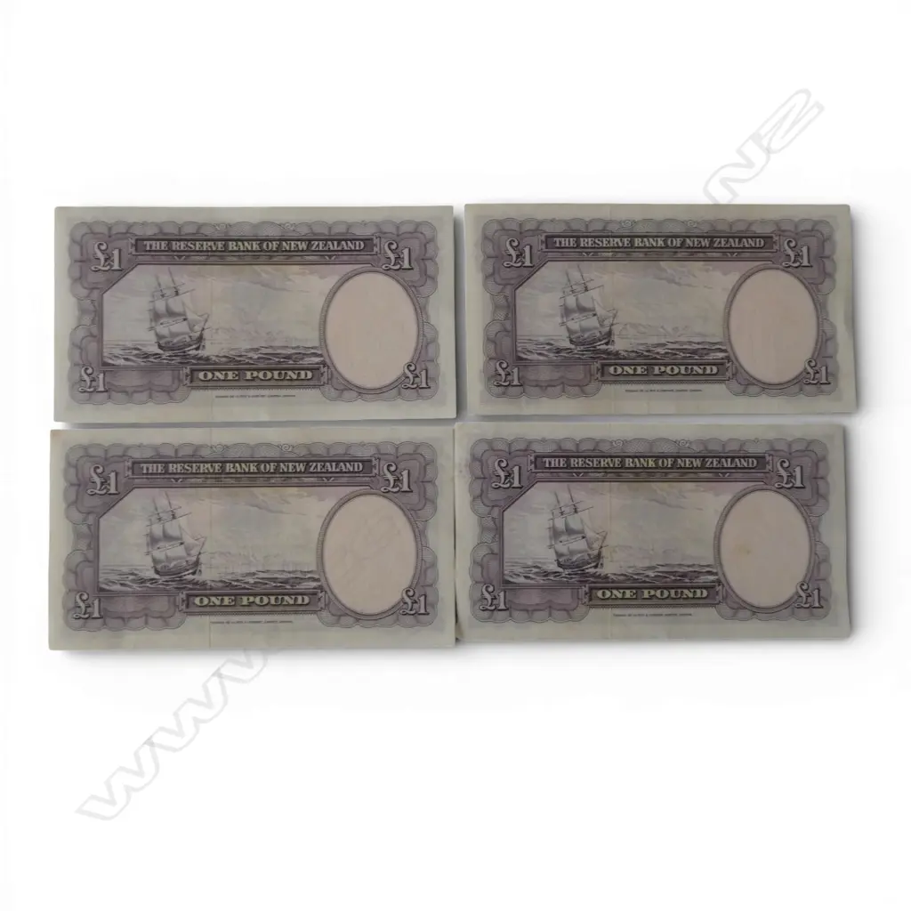 4 x 1 pound FLEMMING NZ BANKNOTES:3  consecutively numbered 163916652 to ...54 + 164091791  Image 1++