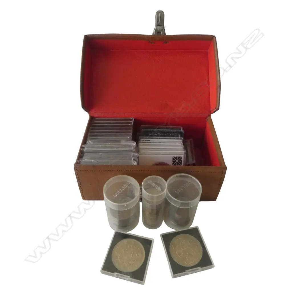 VINTAGE PIG SKIN LEATHER CASE with 21 NZ UNC $1 COINS + OTHER COINS in cylinder cases Image 1++