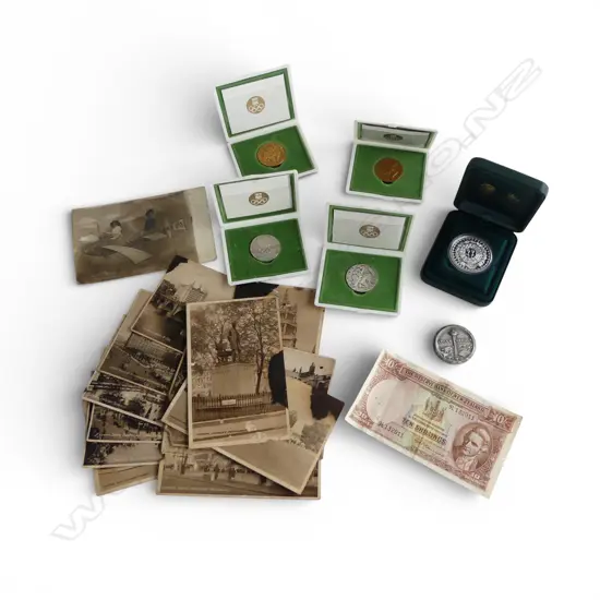 4 x TOKYO 1964 OLYMPIC COINS (2 X SILVER) + NZ 10 shilling note (Flemming) + 2000 Aussie $5 proof coin + old postcards