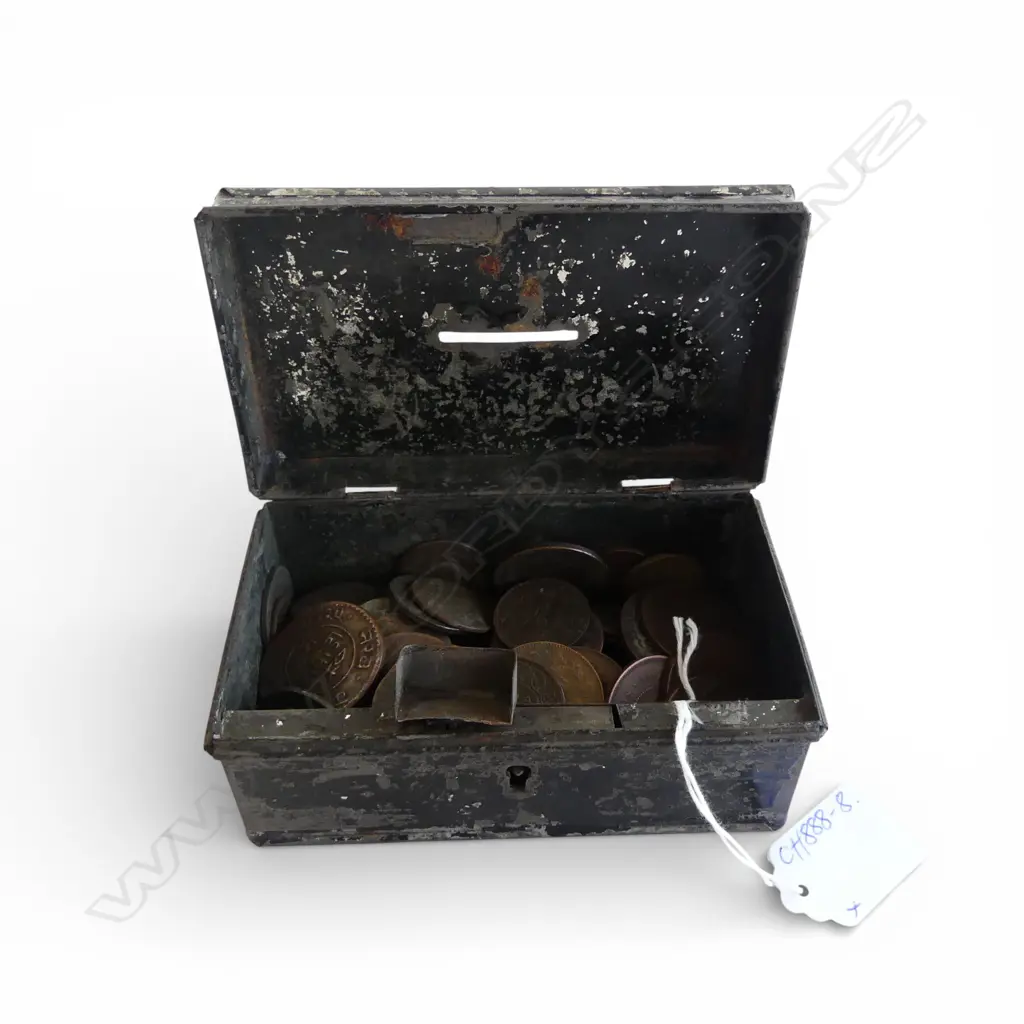 OLD MONEY BOX with OLD MAINLY COPPER COIN COLLECTION: Otterman Empire 40 Para + Indian 3 Dokda + Half Anna etc Image 1++