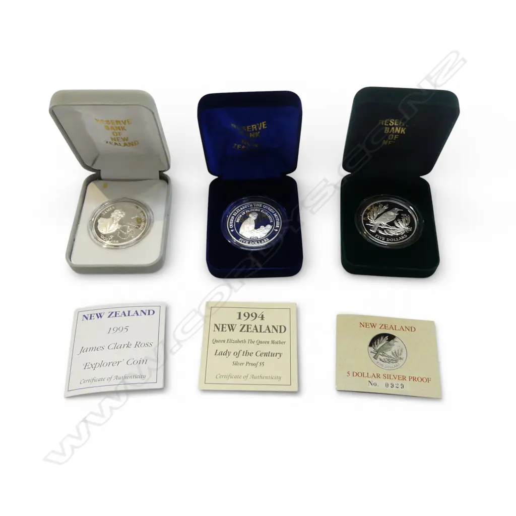 3 X NZ PROOF $5 COINS: 1995 EXPLORER + TUI + '94 QUEEN MOTHER Image 1++