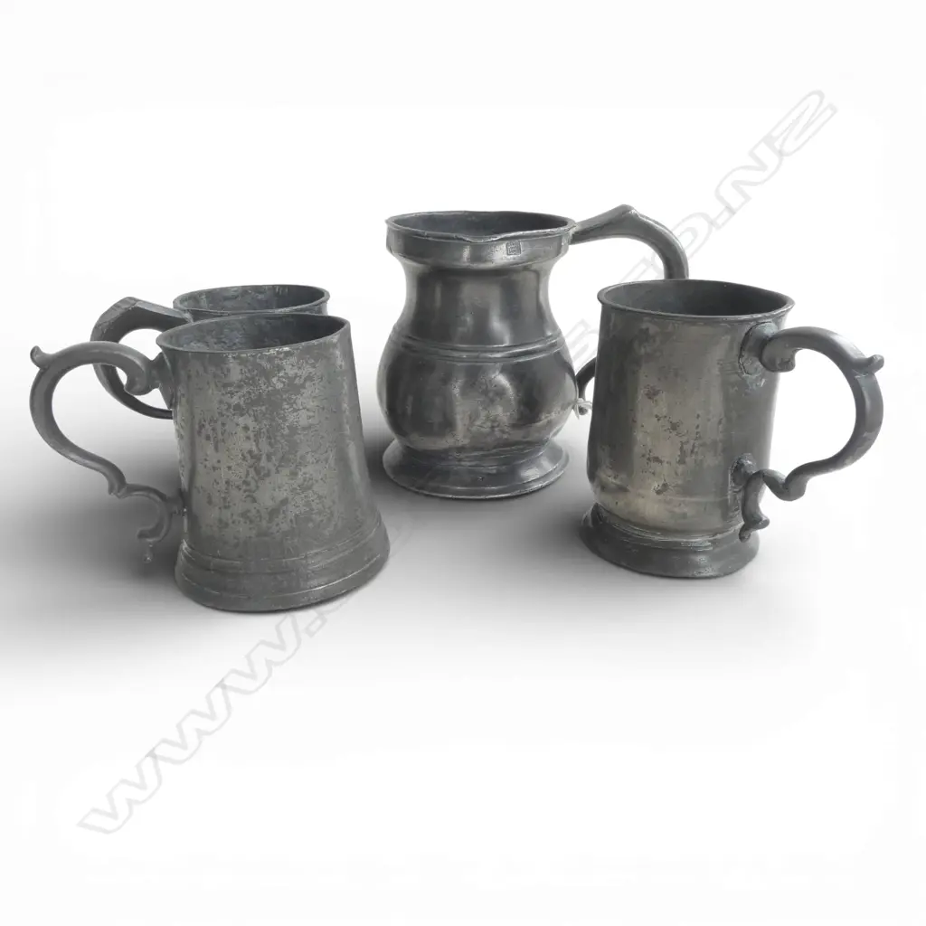 4 ANTIQUE PEWTER BEER MUGS Image 1++