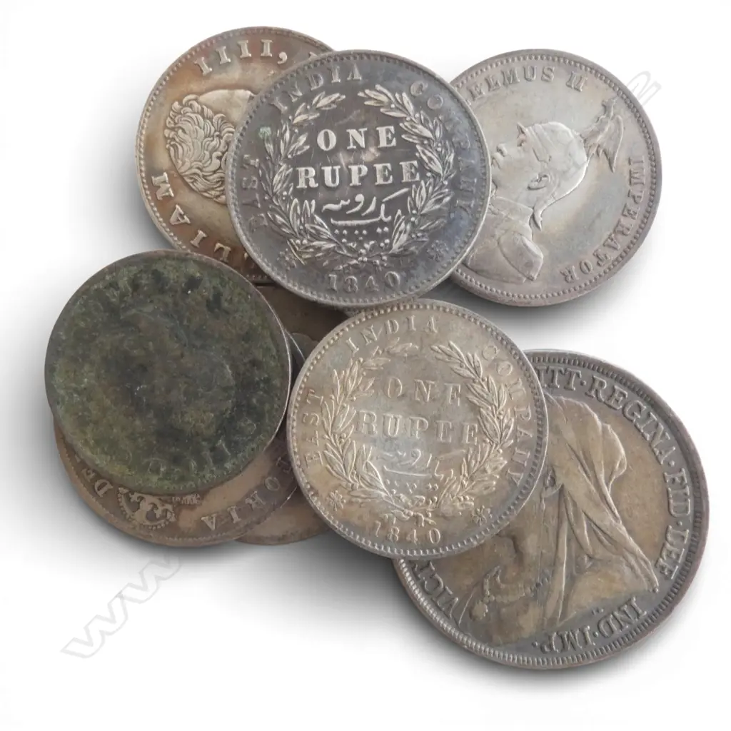 BAG 8 19thC SILVER & OTHER COINS: 1893 UK CROWN + 3 x 1 RUPEE ETC Image 1++