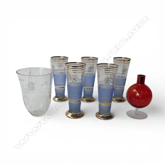 ASST GLASS WARE; VASE, 5 GLASSES & OTHER
