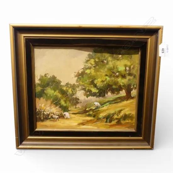 ARTIST UNKNOWN, SHEEP ON COUNTRY PATH, OIL ON BOARD, 235x285mm
