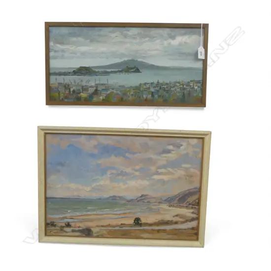 2 COASTAL LANDSCAPE OILS; DOUGLAS JONES AUCKLAND HARBOUR 220x460, C. WATKINS 'DRY SUMMER 1958 MAKORORI BEACH' 315x465mm