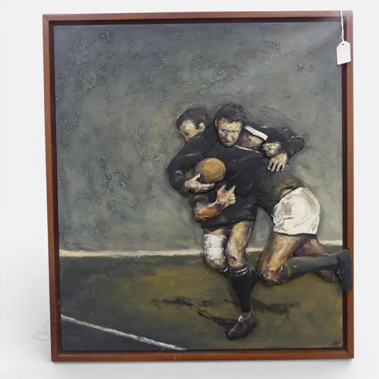 MARTIN LYLE 'FOR THE LINE' CARVED WOOD AND PAINTED 3D PAINTING 545 X 470MM