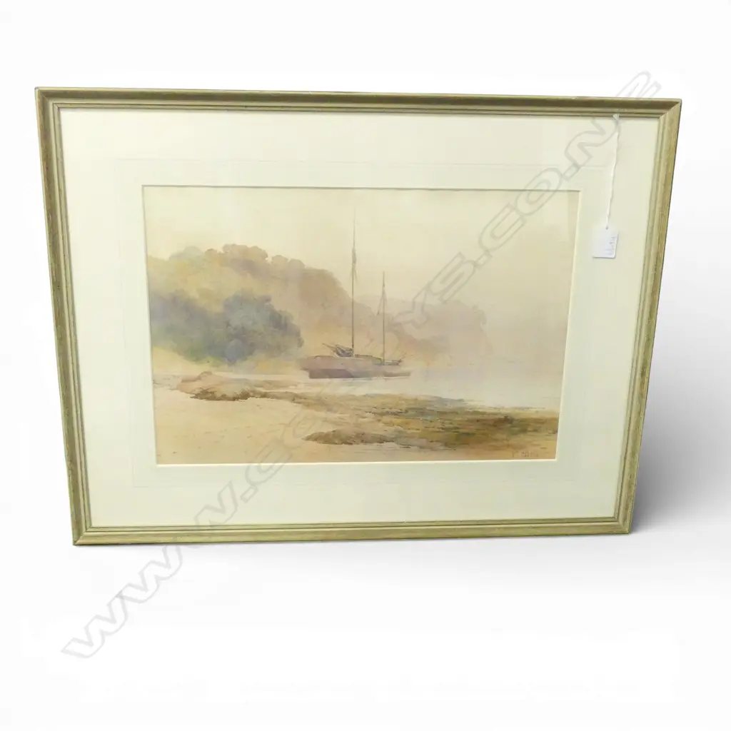 FRANK H. WRIGHT (1860-1923), DOUBLE MASTED SAIL BOAT ON ROCKY SHORE, WC 300x440mm Image 1++