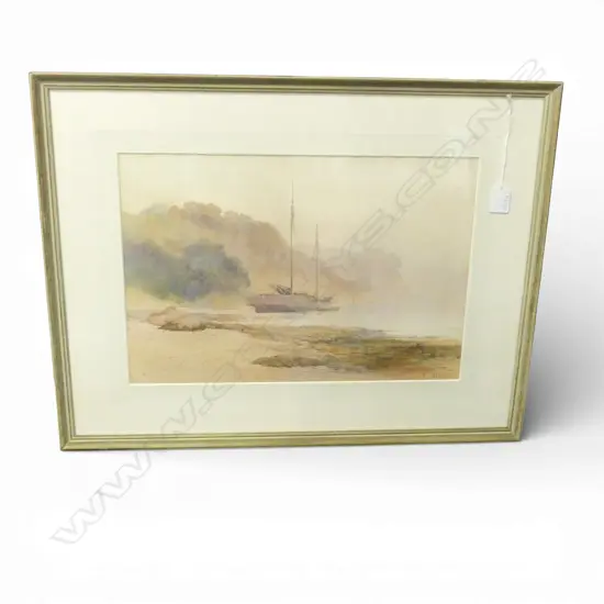 FRANK H. WRIGHT (1860-1923), DOUBLE MASTED SAIL BOAT ON ROCKY SHORE, WC 300x440mm