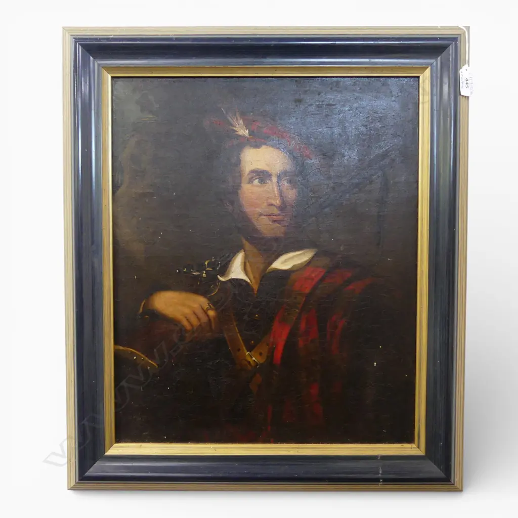 19thC ARTIST UNKNOWN, GENTLEMAN IN SCOTTISH COSTUME, OIL ON BOARD 445x365mm + EARLIER FRAME Image 1++