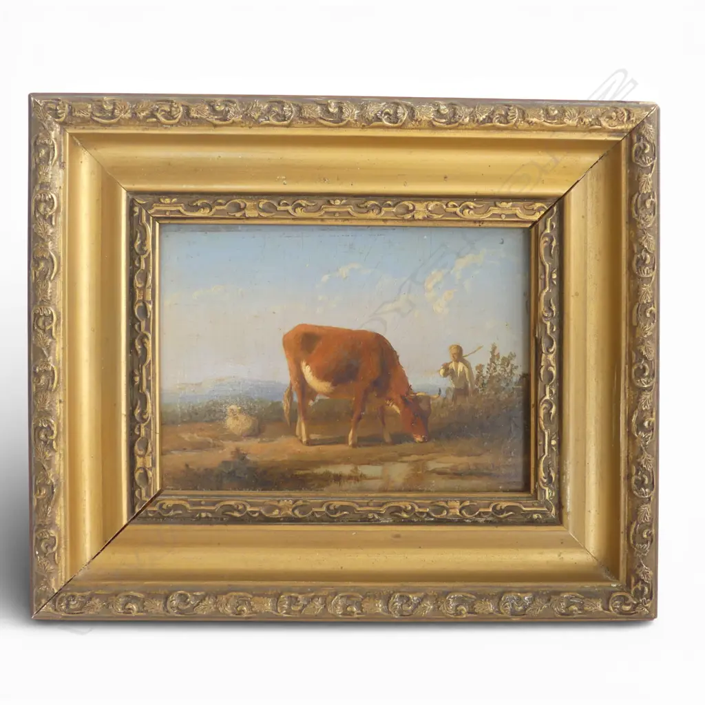 19thC DUTCH OIL ON PANEL, COW IN LANDSCAPE, (attributed to William Steelink) 100x135mm Image 1++