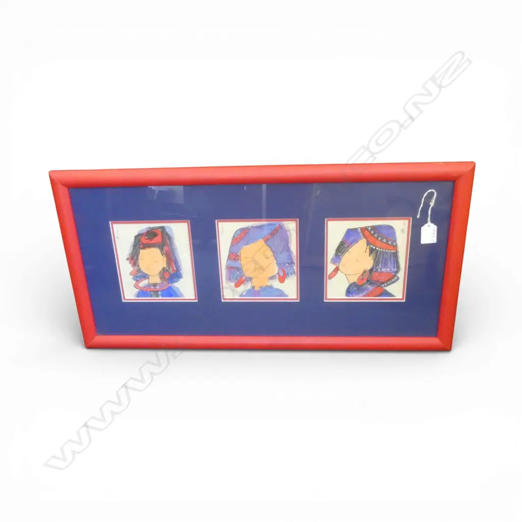 ARTIST UNKNOWN 3 WATERCOLOUR & INK ARTWORKS YOUNG WOMEN PORTRAITS Ea.140 x 130mm in same frame Image 1++