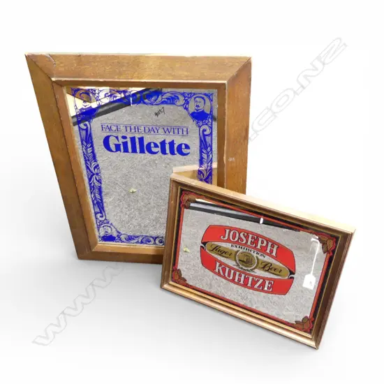 2 ADVERTISING MIRRORS; JOSEPH KUHTZE 340x440mm, GILLETTE 630x480mm
