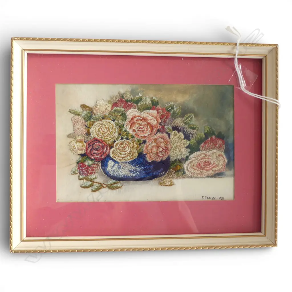 VINTAGE FINE SILK EMBROIDERED ROSES PICTURE signed F. Pearse 1931 9 x 135mm framed Image 1++