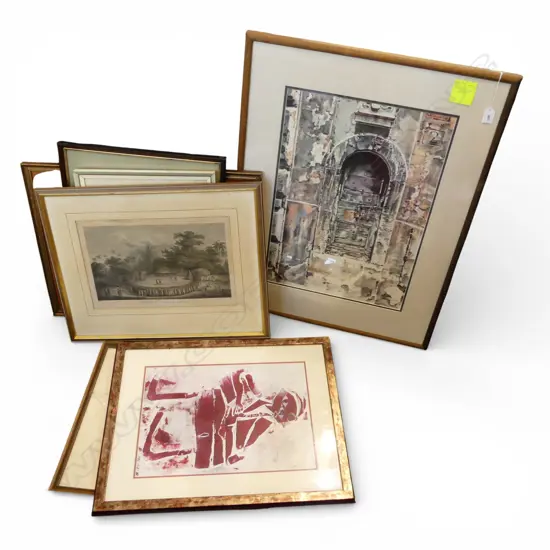 GROUP OF PRINTS (SOME WITH BROKEN GLASS) AND ORIGINAL PAINTINGS INCL. DAVID BARKER WATERCOLOUR (10 TOTAL)