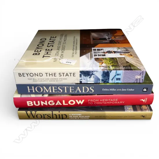 4 NZ ARCHITECTURE BOOKS; WORSHIP, BUNGALOW, HOMESTEADS, BEYOND THE STATE
