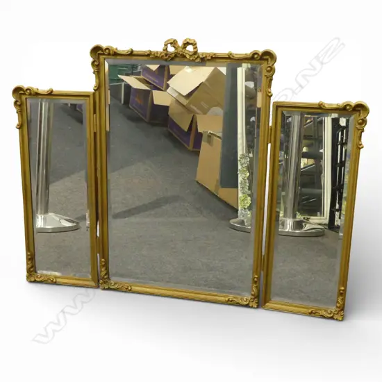 GILT BEVALLED GLASS 3 STAGE DRESSINGTABLE MIRROR H540 L890MM