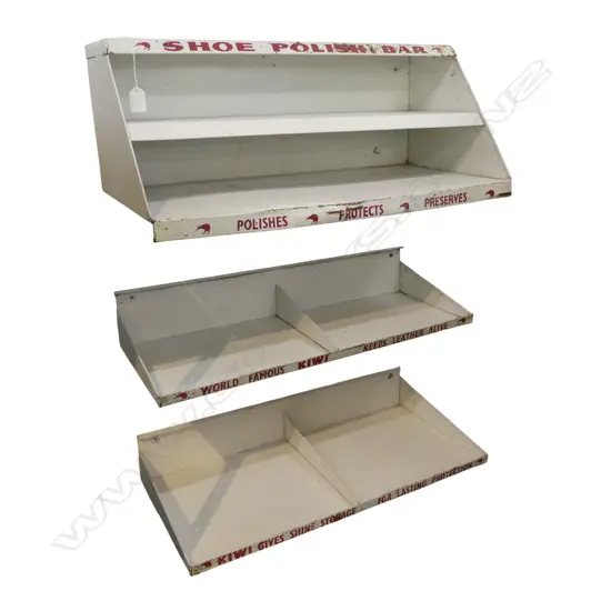 3 VINTAGE KIWI SHOE POLISH SHELVES largest 660x310x240mm