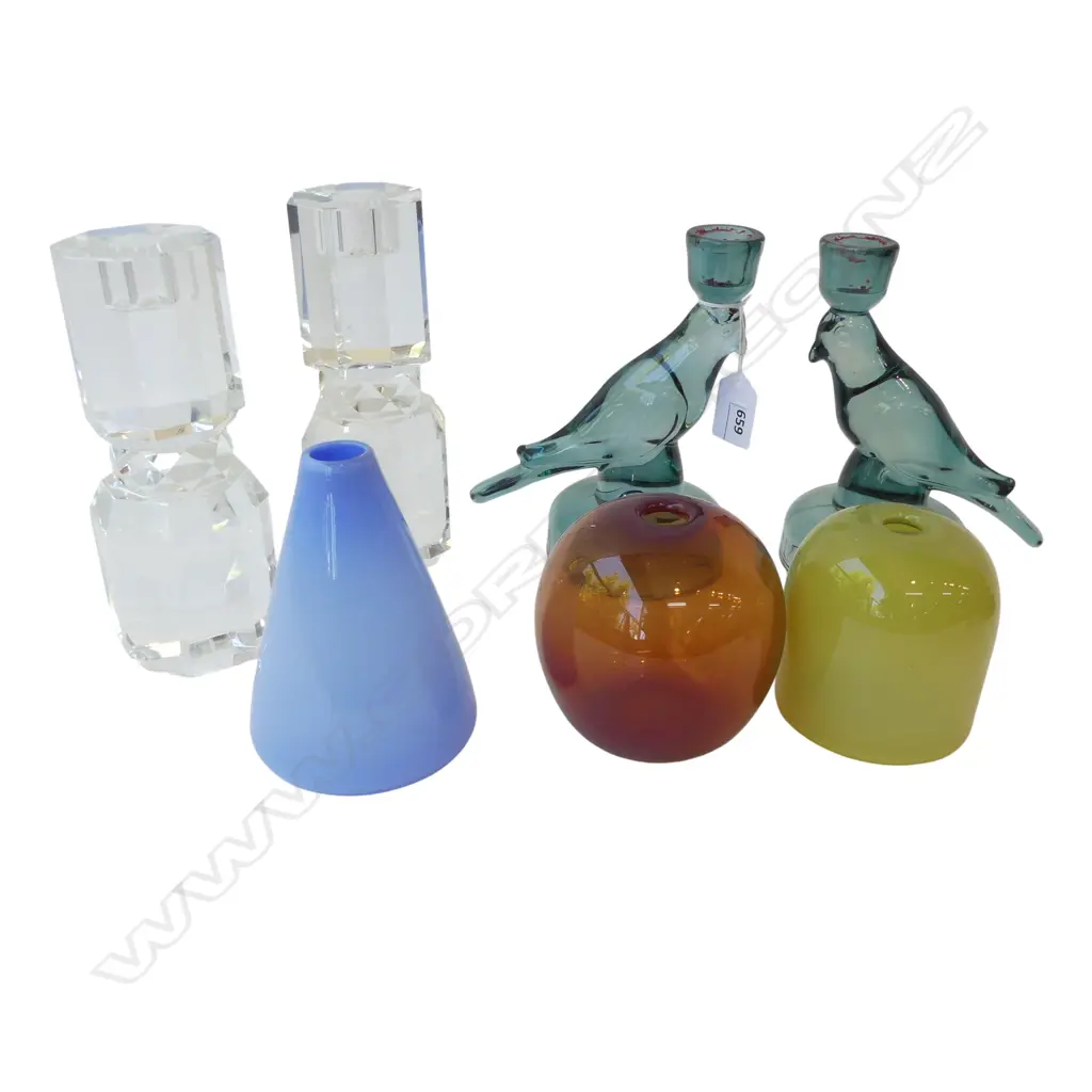 7 PCES GLASS; 3 MONMOUTH VASES, 2 PRS CANDLESTICKS (LUSSO BIRDS, CRYSTAL H.185mm) Image 1++