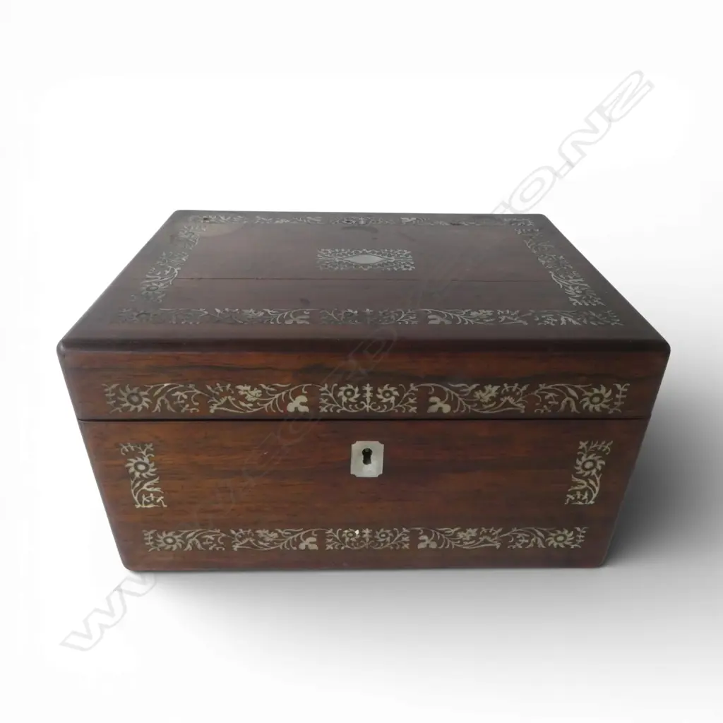 VICT ROSEWOOD MOP INLAID FITTED JEWLERY BOX WITH SECRET DRAWER L300 H160MM Image 1++