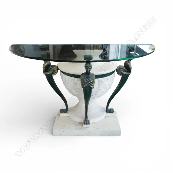 MODERN CLASSIC MARBLE LOOK DEMI-LUNE GLASS TOP TABLE 1200x500x750mm