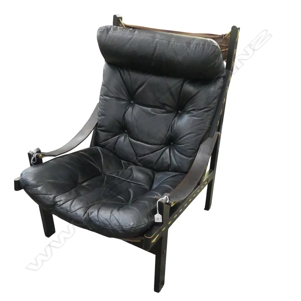 HIGH-BACK 'HUNTER' LEATHER SAFARI CHAIR by TORJBJORN ADFAL FOR BRUSKBO NORWAY one button loose Image 1++