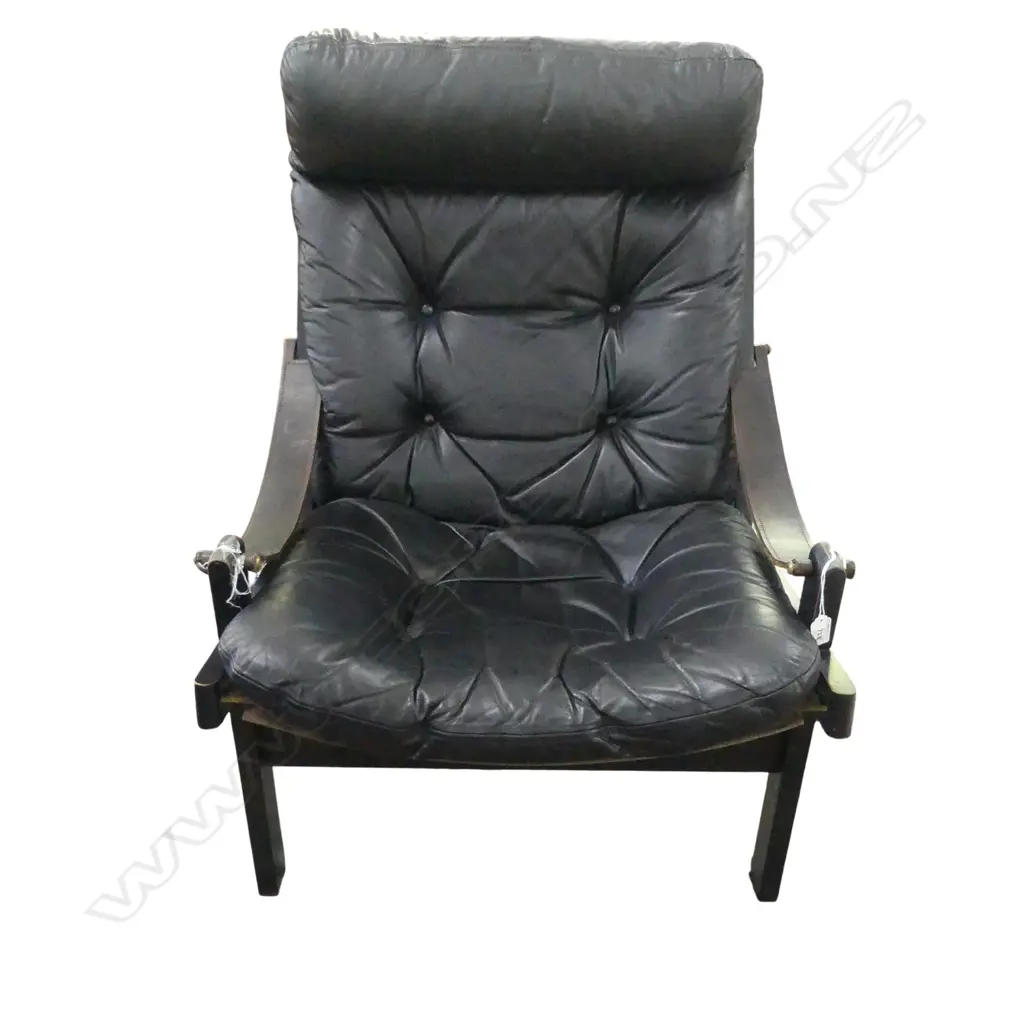 HIGH-BACK 'HUNTER' LEATHER SAFARI CHAIR by TORJBJORN ADFAL FOR BRUSKBO NORWAY one button loose Image 1++