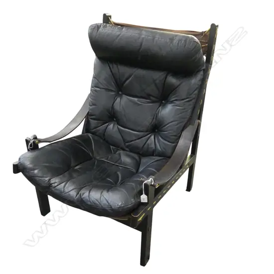 HIGH-BACK 'HUNTER' LEATHER SAFARI CHAIR by TORJBJORN ADFAL FOR BRUSKBO NORWAY one button loose