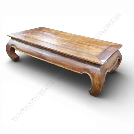 ASIAN STYLE LOW COFFEE TABLE 355 (H) X 1200 (L) X 600 (D) MM (DAMAGE TO TOP INCL. WATER MARKS AND FADING)