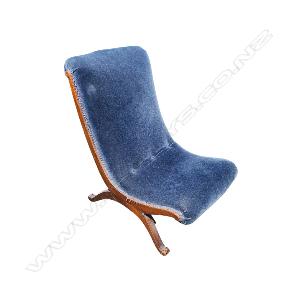 EARLY 20thC NURSING CHAIR; BLUE VELVET UPHOLSTERY Image 1++
