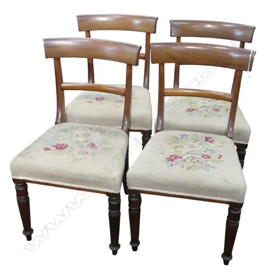 4 VICTORIAN MAHOGANY BLADE BACK DINING CHAIRS - NEEDLEWORK SEATS