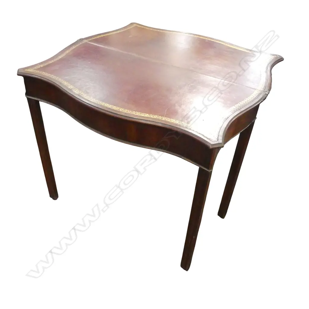 QUALITY GEORGIAN MAHOGANY CARD TABLE, SERPENTINE FORM, RED LEATHER TOP 915x440x740mm Image 1++