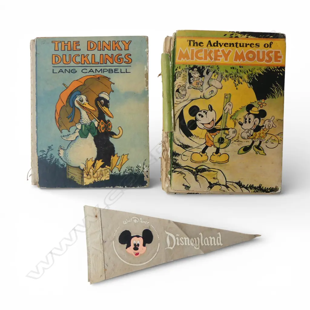 2 VINTAGE CHILDRENS BOOKS; MICKEY MOUSE & THE DINKY DUCKLINGS + VINTAGE HAND PAINTED DISNEY LAND PENNANT FLAT Image 1++