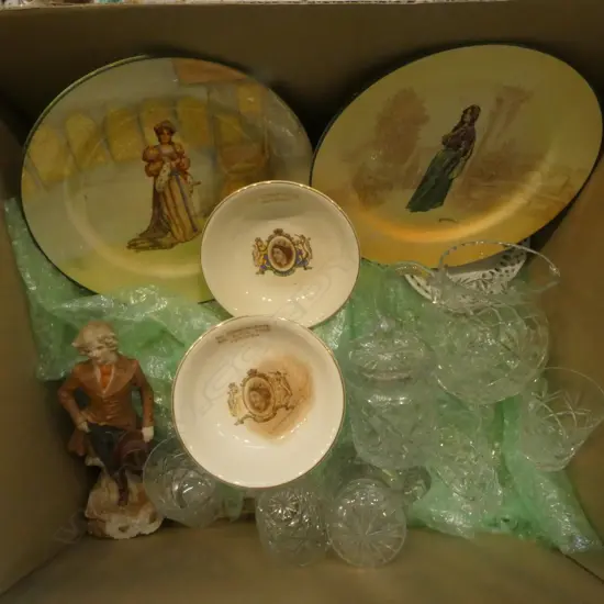 ROYAL DOULTON SHAKESPERE PLATES (6) PAINTED FIGURINE ROYAL HARVEY CORONATION PLATES (2) ASSORTED CRYSTAL ETC 