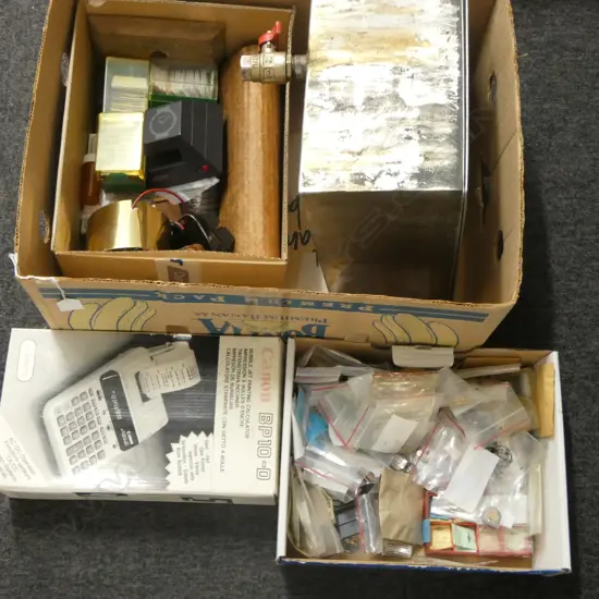 BOX OF WATCH PARTS S/STEEL LIDDED TANK CALCULATOR ETC