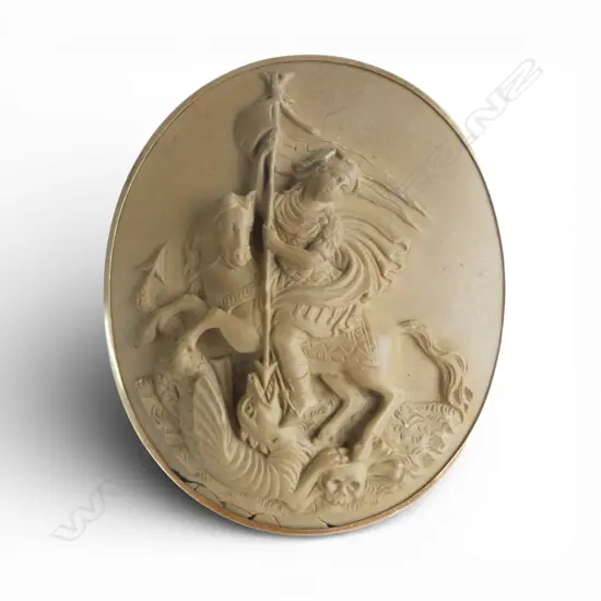 LGE ANTIQUE CARVED LAVA ST. GEORGE & THE DRAGON BROOCH IN substantial 9ct GOLD FRAME 36gms 