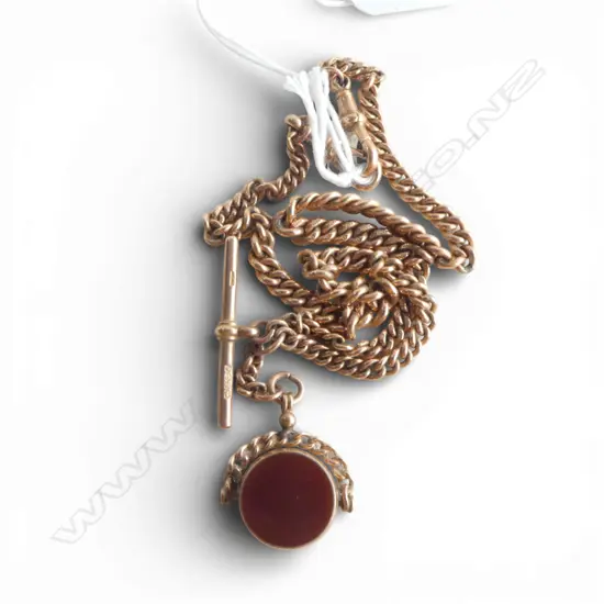 c1900 9ct GOLD dble graduated curb link FOB CHAIN + T-BAR & FOB SPINNER. 27.3gms total  (includes 9ctspinner about 4gms)